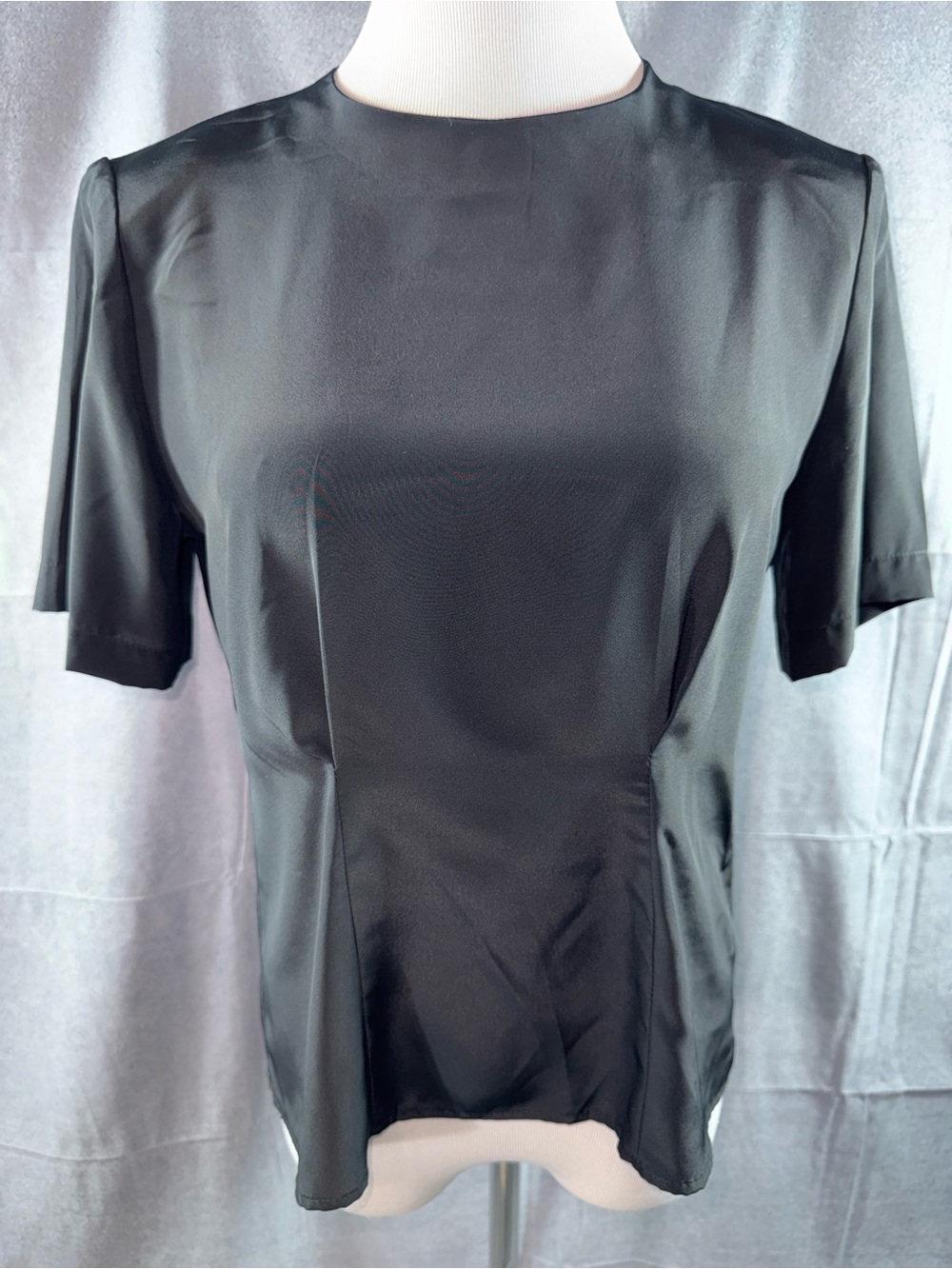 3184-VTG Anna Kriste Elegant Black Short-Sleeve Satin Blouse